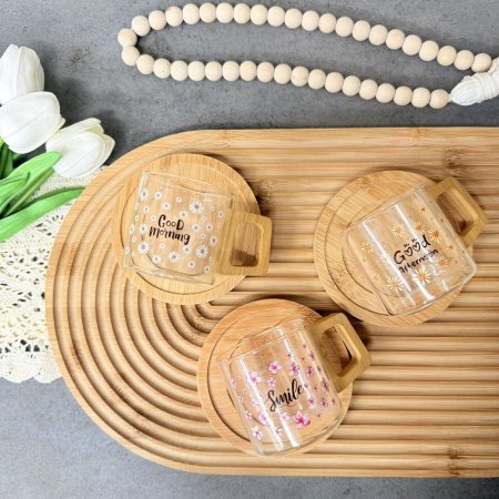 طقم فناجين مع كوستر خشب بامبو مكون من 6 فناجين و 6 كوسترات