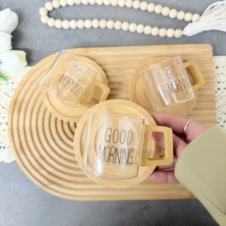 طقم فناجين مع كوستر خشب بامبو مكون من 6 فناجين و 6 كوسترات