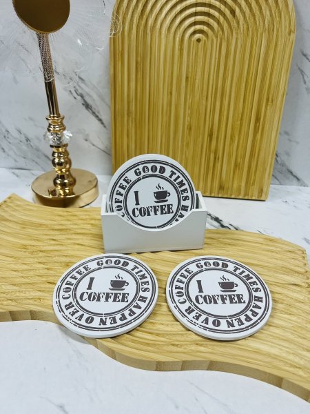 طقم كوسترات خشبي دائري لون ابيض