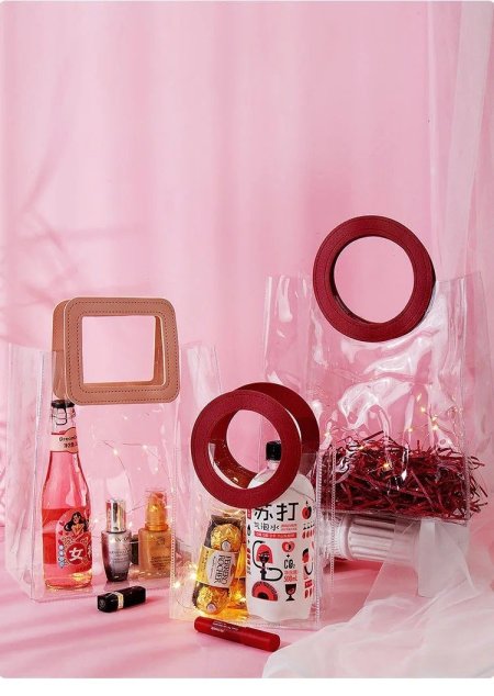 كيس هدايا جلد شفاف ايد مدور 