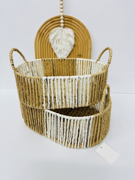 طقم سلات قش عدد 2 مع ايد بيضاوي